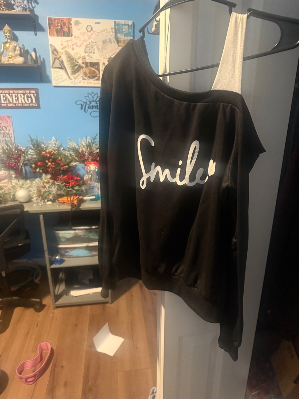 SHEIN Black Off-Shoulder 'Smile' Sweatshirt